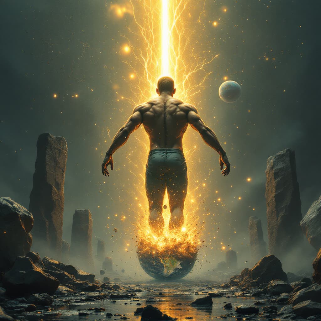 AI generated: Darkwave, synthwave,  epic music album cover. It portrays a close up of a floating very muscular per...