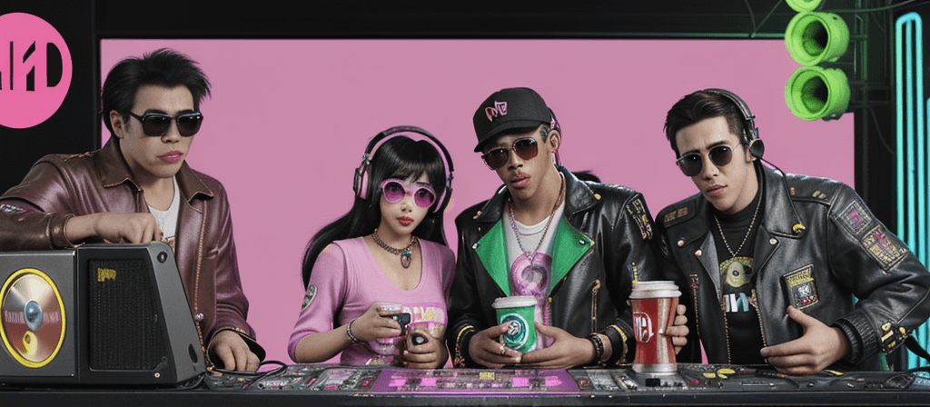 AI generated: DJ, Diddy Kong, Donkey Kong, headphones, sunglasses, cyberpunk, cyberpunk, vaporwave, vaporwave, CD,...
