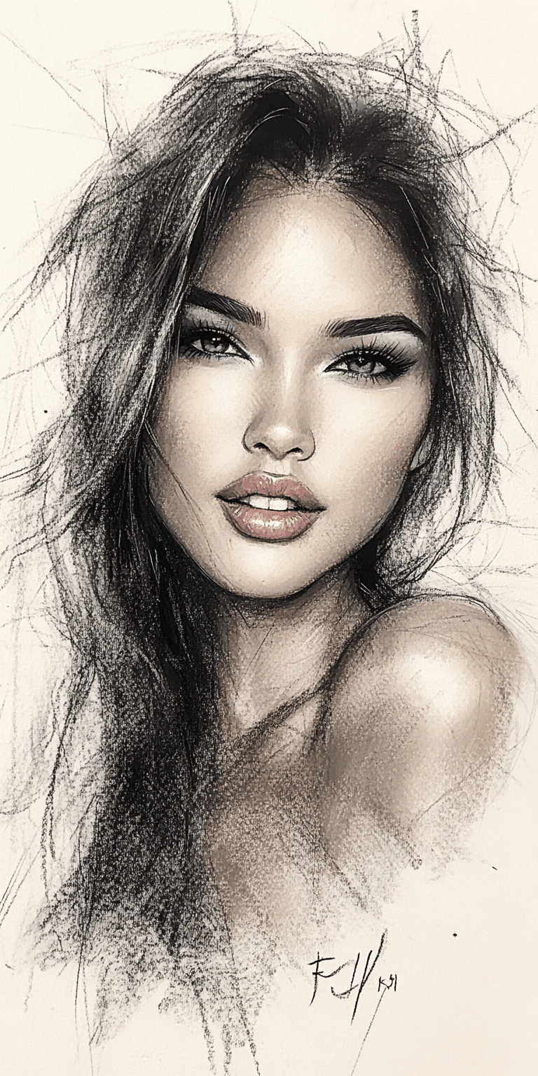 AI generated: An expressionist charcoal sketch, woman with piercing blue-green eyes, bold, intense, soulful, emoti...