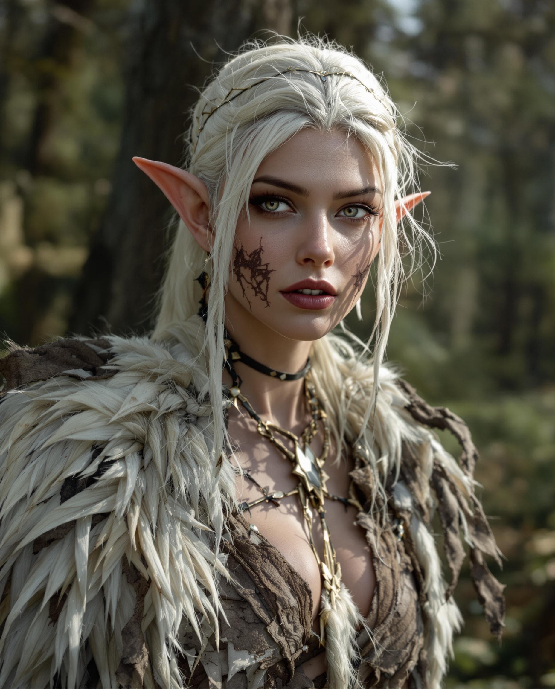 AI generated: 25 year old girl, photo of a seductive elf shaman, hyper detail, intimate facial expression, handcra...
