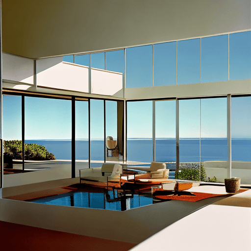 AI generated: Hyper realistic eye level exterior photo of a mid century modern style house overlooking the ocean, ...