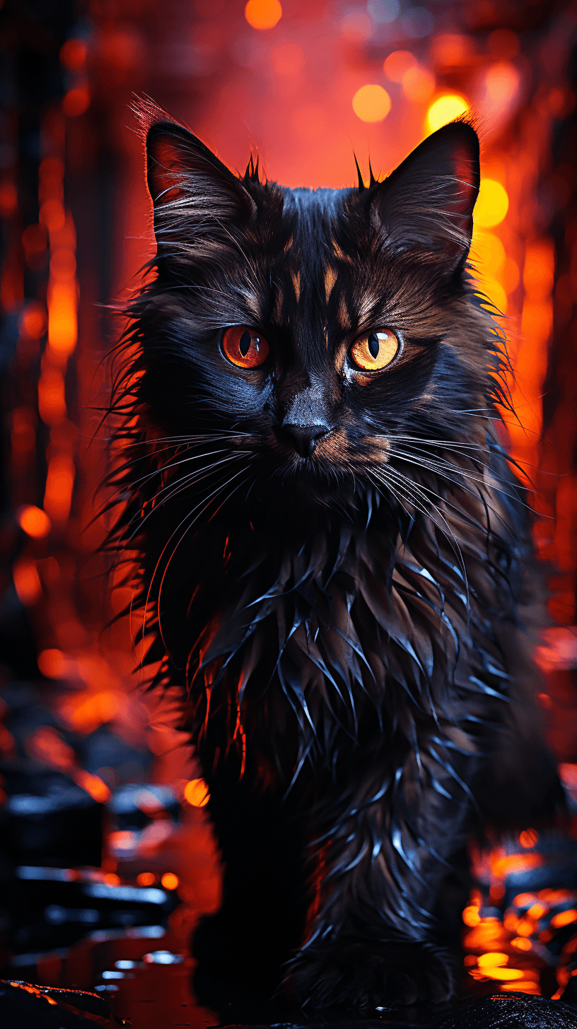 AI generated:  Portrait photo of black cat with fill of lightening colors, fierce eyes, light bokeh, intricate, (s...