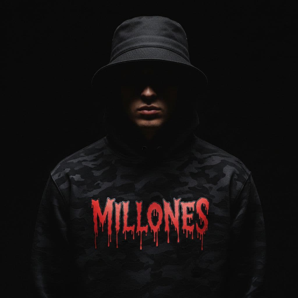 AI generated: photography, front shot, upper body, male model, wearing a bucket hat, black hoody, HOODY WITH TEXT ...