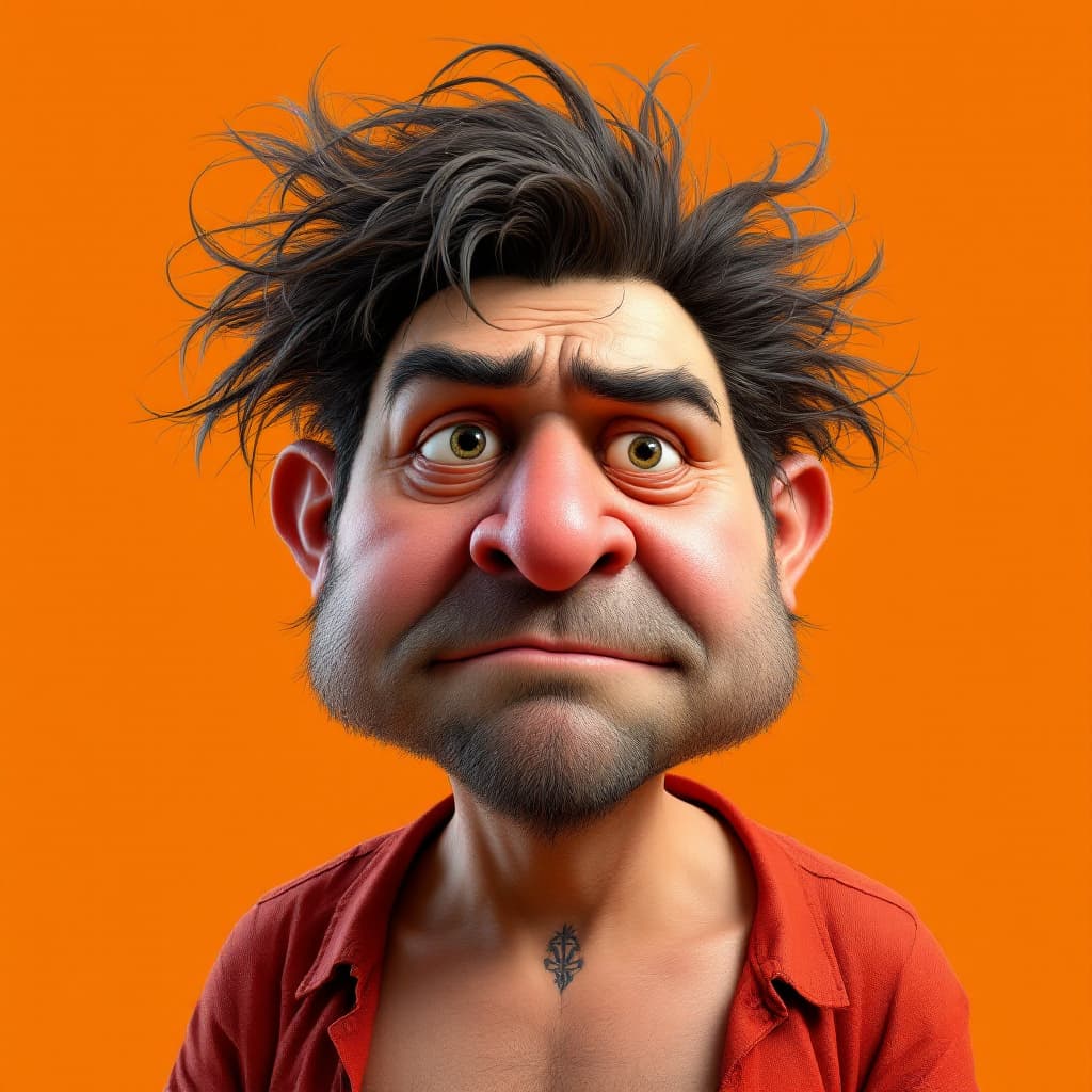 AI generated:  A caricature of a man with exaggerated features is set against a vibrant orange backdrop. His skin ...