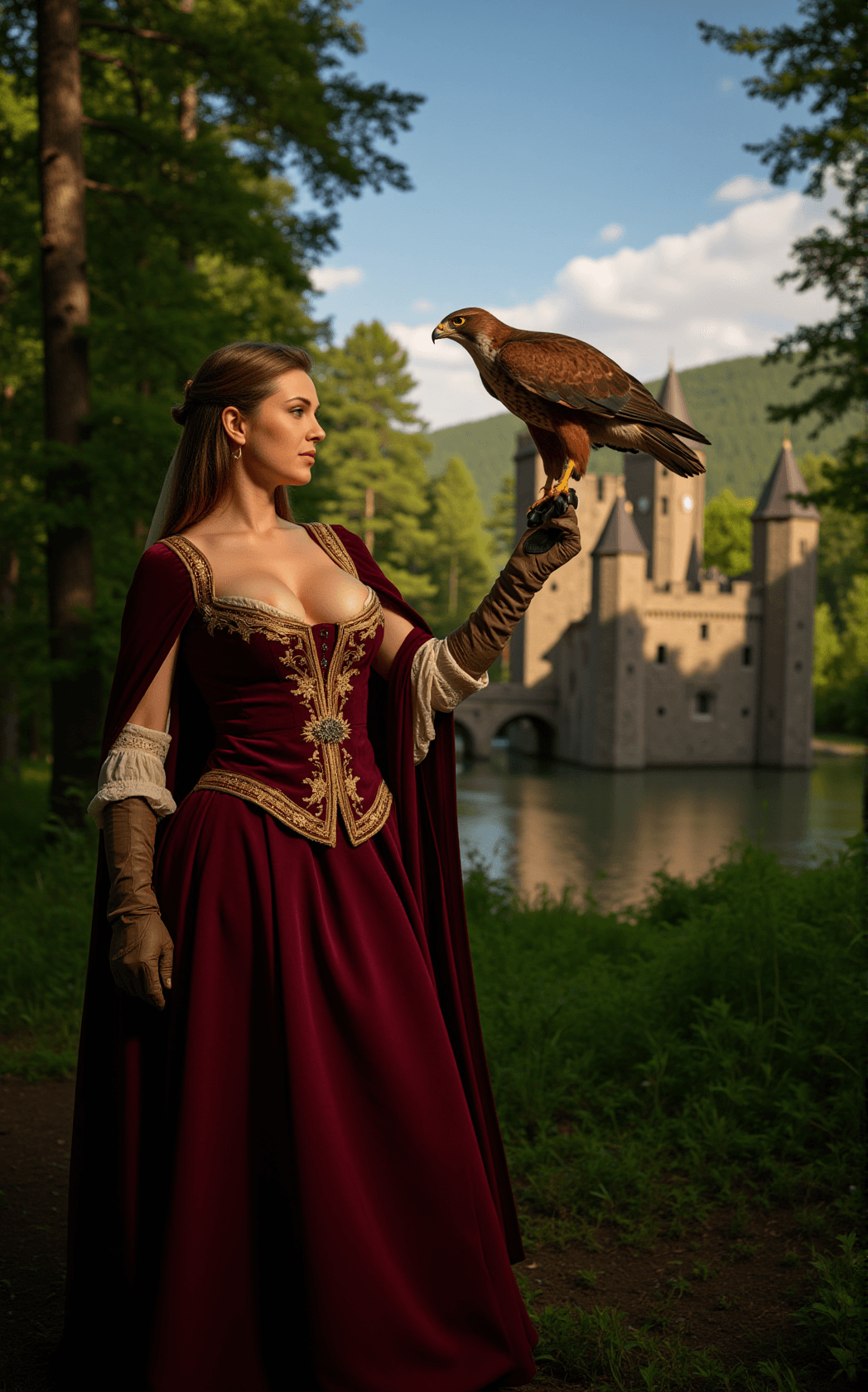 AI generated: a noblewoman engaged in the ancient art of falconry. The scene is set in a lush, verdant forest duri...