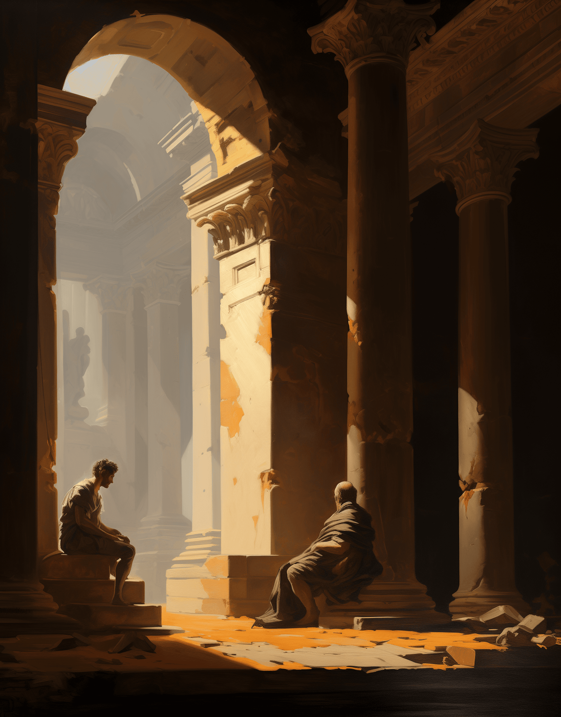AI generated: In the style of Goya, an oil painting set in ancient Rome inside a palace with columns and arches, d...
