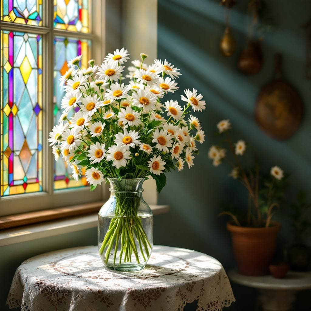 AI generated: A clear vase full of daisies on a small round table with a lace tablecloth next to a stained-glass w...