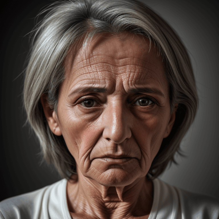 AI generated: hyper realistic headshot photo of a 60 year old italian  woman, she has a depressed look, looking in...