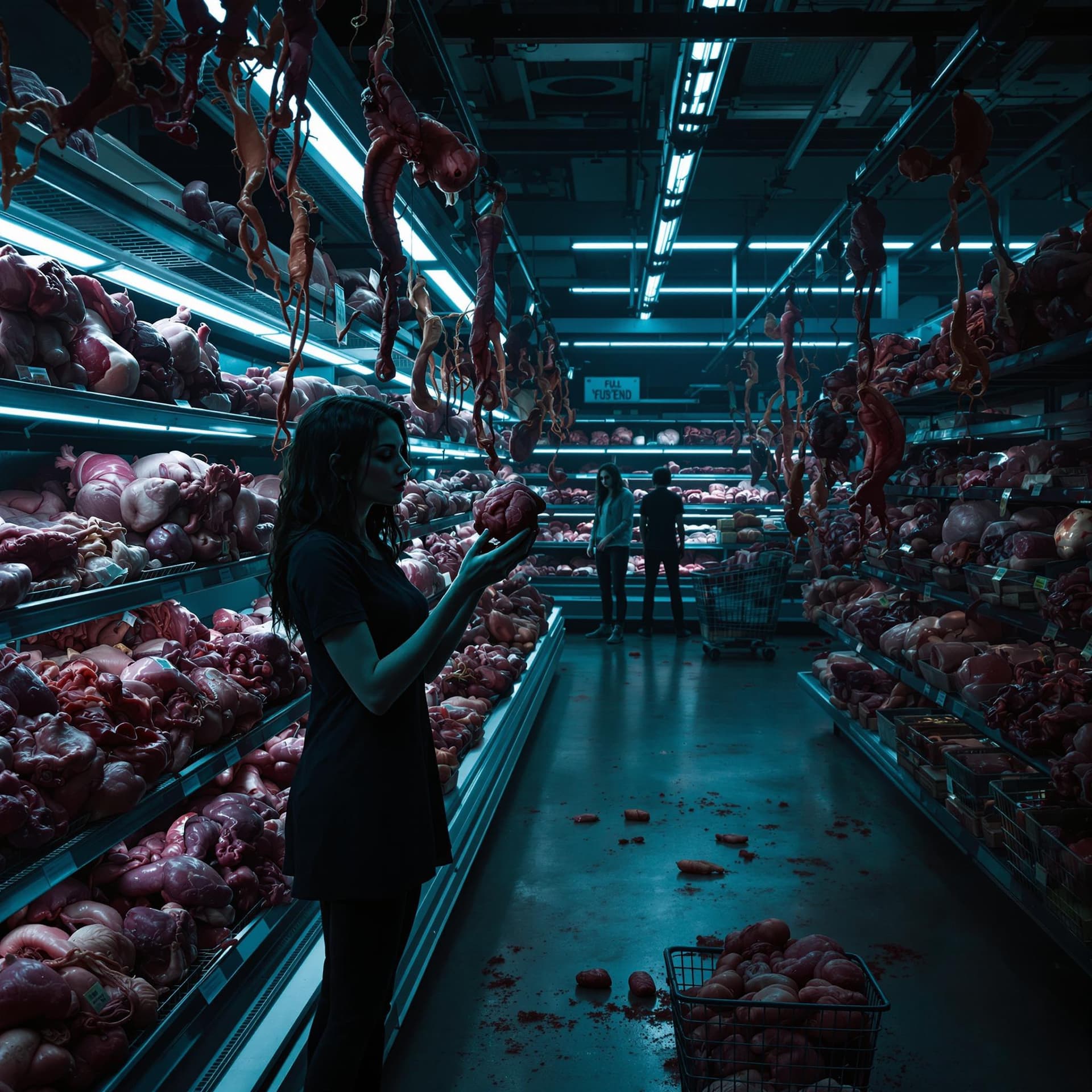 AI generated: imagine a grocery store's vegetable section, standing woman, full body, spooky, melancolía, shelves ...