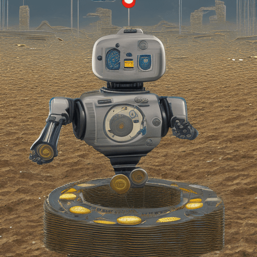 AI generated: A robot with a coin in it's center, standing in front of a background of interconnecting block chain...