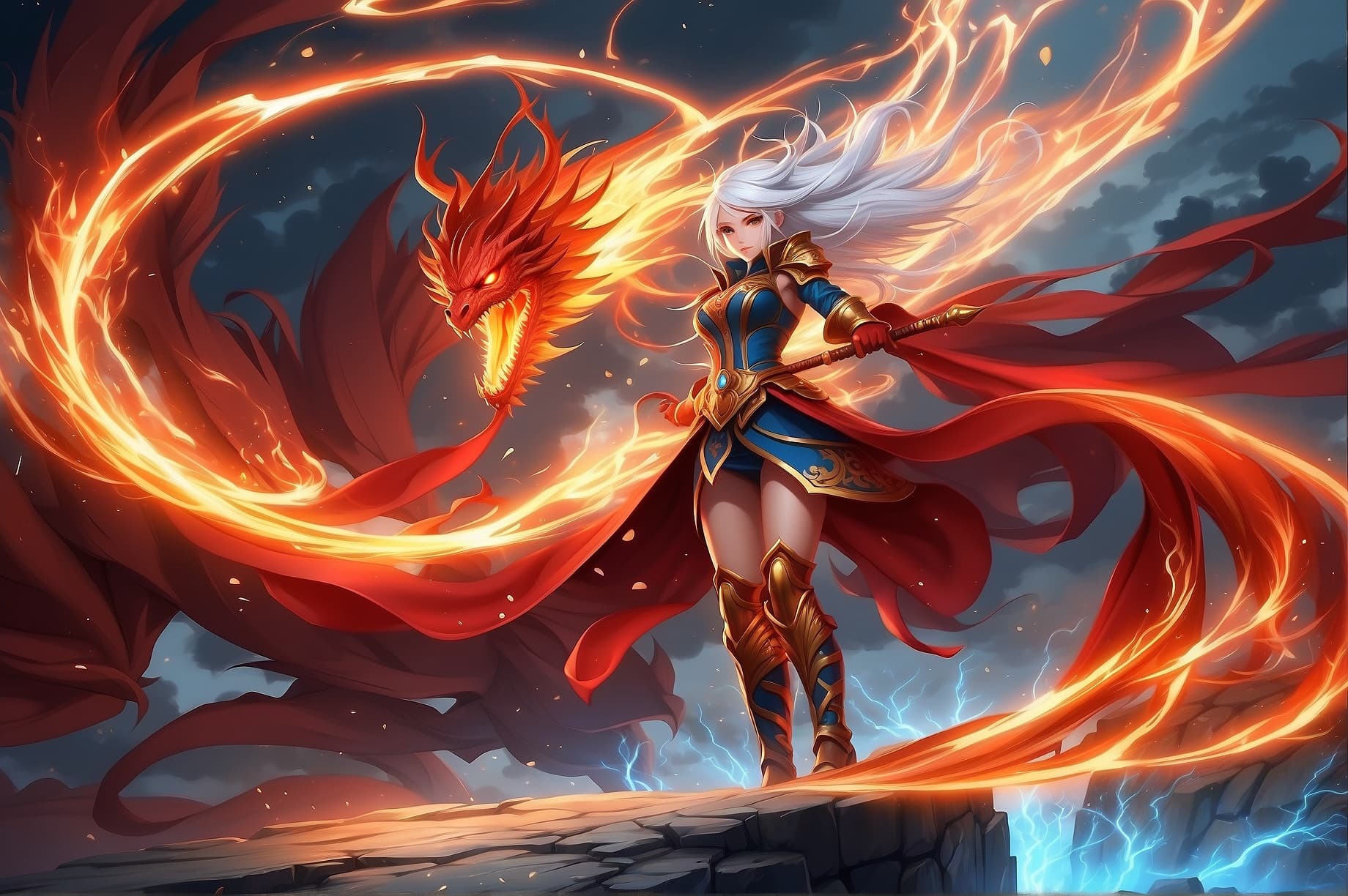 AI generated: An anime fierce female character, fierce red dragon-inspired clothing, dynamic battle pose, Lexeme-T...