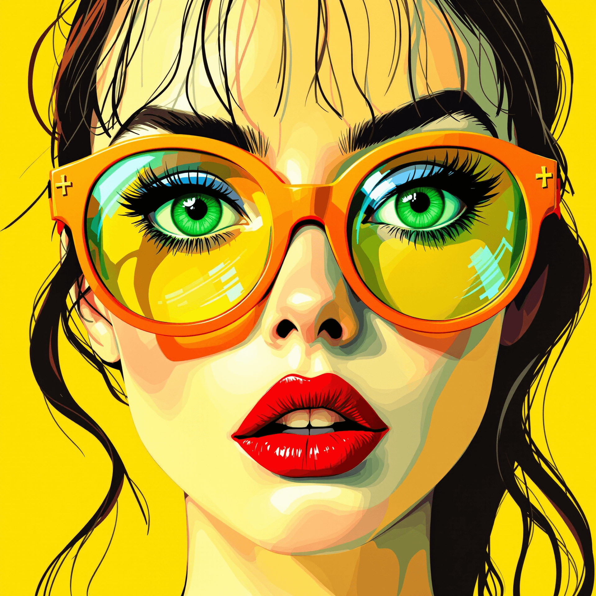 AI generated: green eyes yellow glasses red lips , yellow background with glass lens