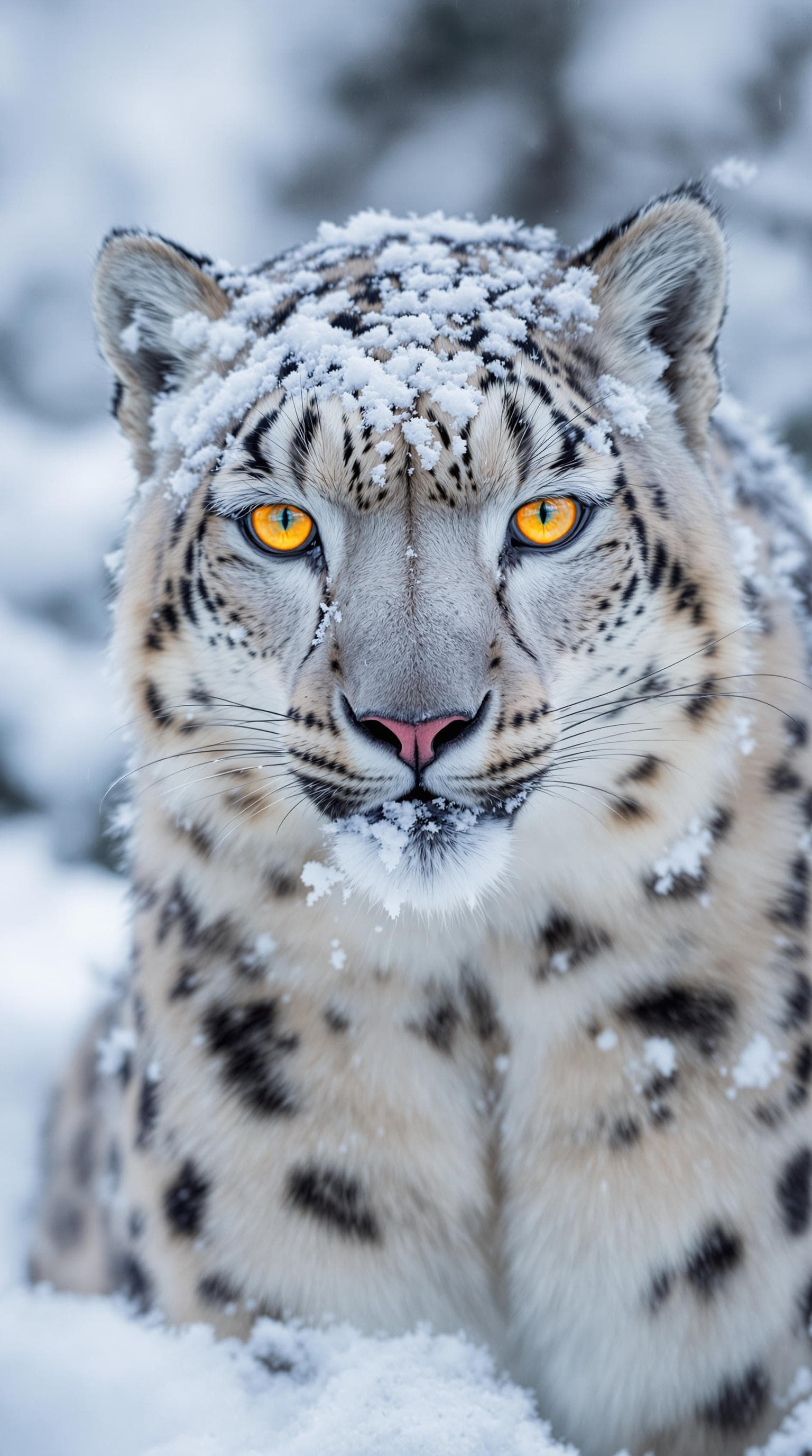 AI generated: Snow Leopard with yellow eyes, covered with snow, cinematic style, medium shot, professional photogr...