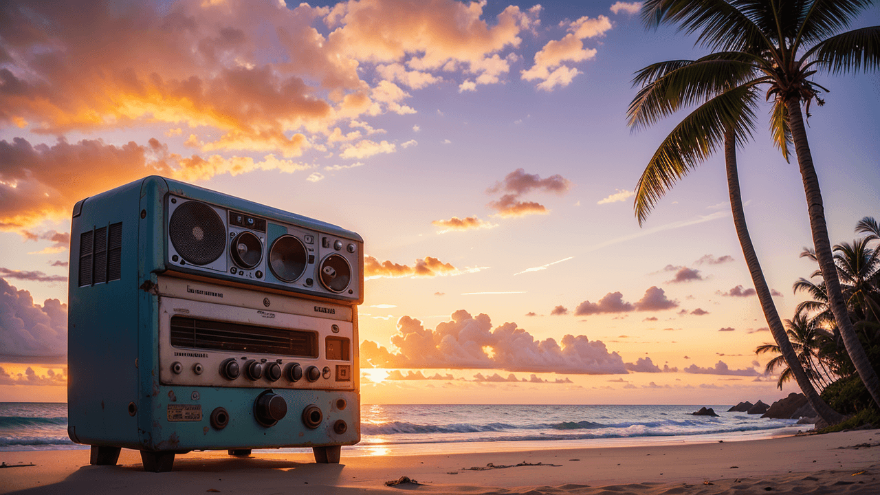 AI generated: an old radio lying on a palm tree, on a beautiful beach full of colorful birds and a beautiful sunse...