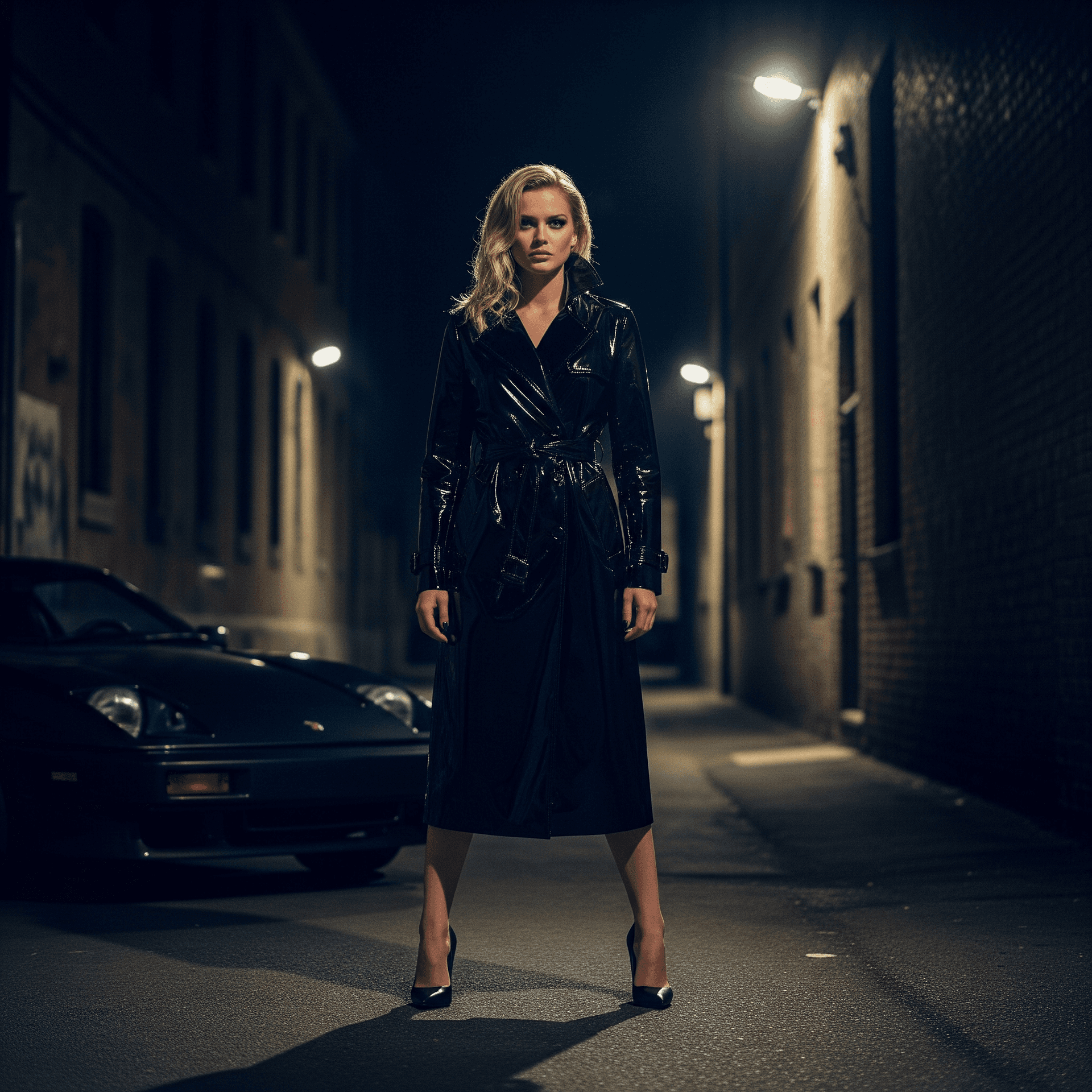 AI generated: A dramatic, cinematic full-body photograph of a femme fatale standing in a dark, atmospheric alley a...