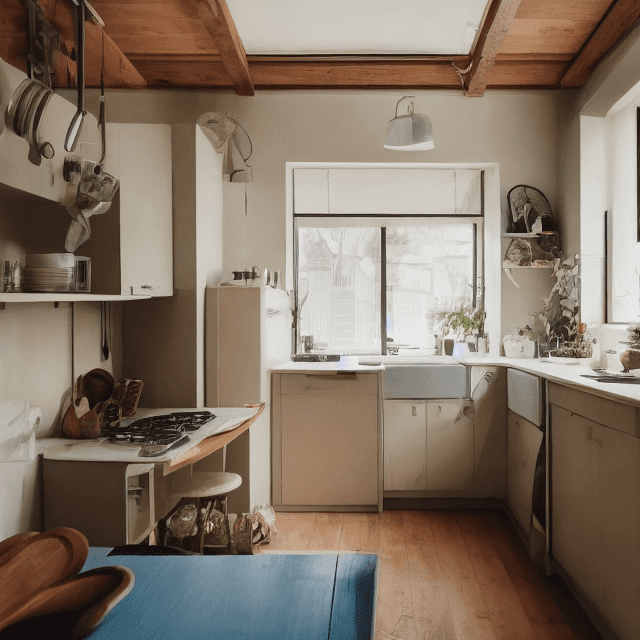 AI generated: High resolution photography kitchen design, wooden floor, small windows opening onto the garden, bau...