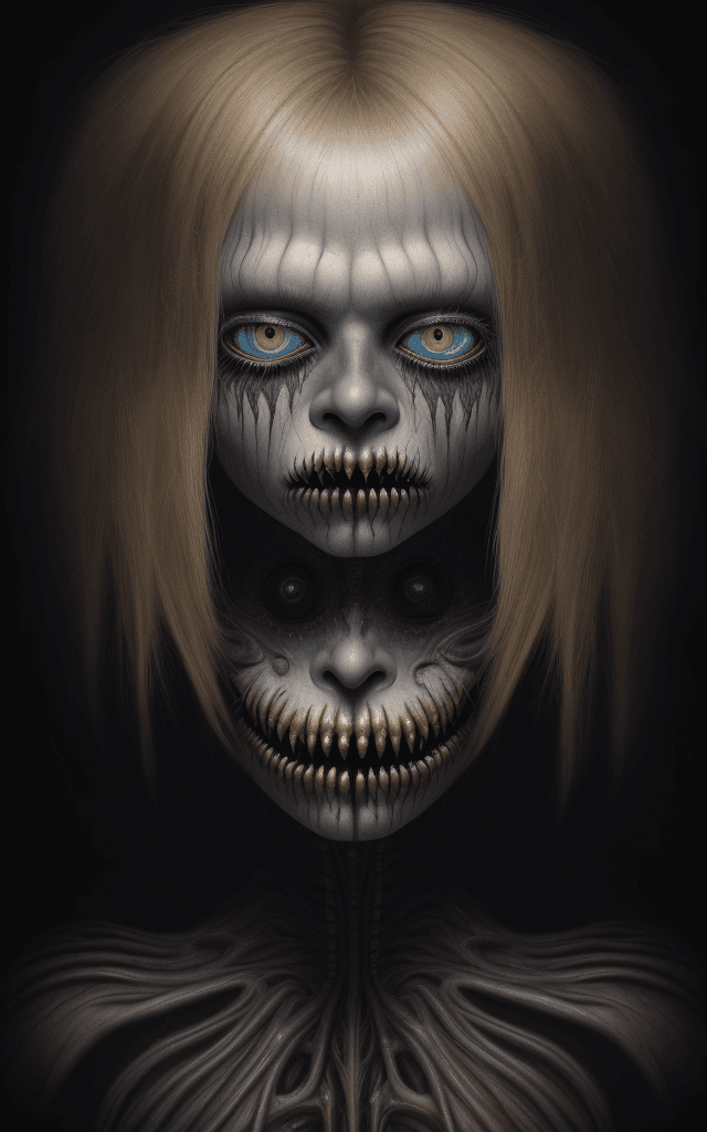 AI generated: a detailed uhd portrait of a mutated blonde laser thrashed oil painting in the style of tim burton e...
