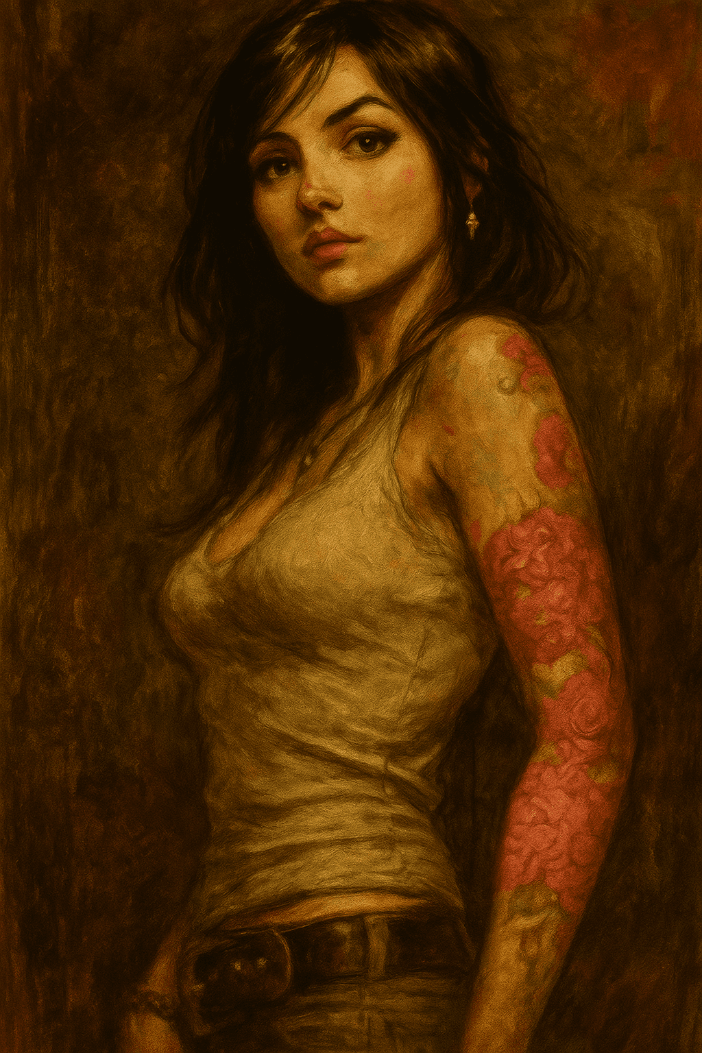 AI generated: Coloriser cette image en utilisant le style de Frank Frazetta, le tatouage du modèle est dans les to...