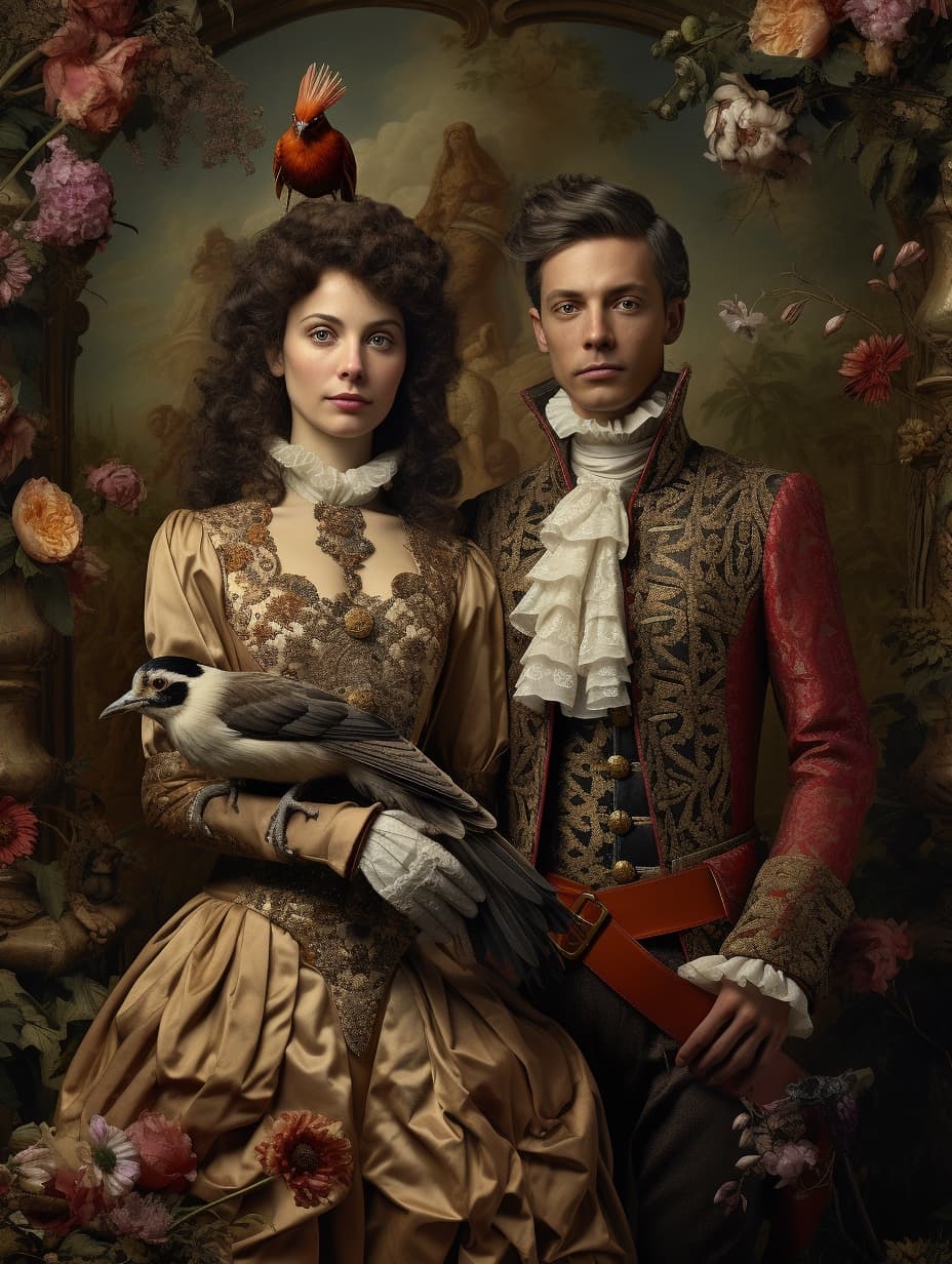 AI generated: Award winning portraits of two people, in the style of barocco, blach hair, In the castle , detailed...
