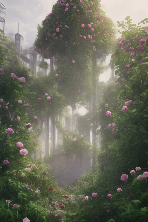 AI generated: << Garden factory, Tall factory, Many  black rose, A few roses, clouds, ultra wide shot, atmospheric...
