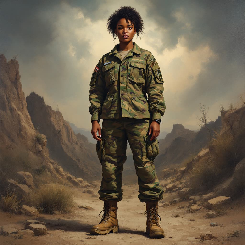 AI generated: A detailed oil painting of afro american female soldiers standing confidently, dressed in different ...