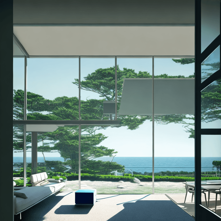 AI generated: Hyper realistic eye level exterior photo of a mid century modern style house overlooking the ocean, ...