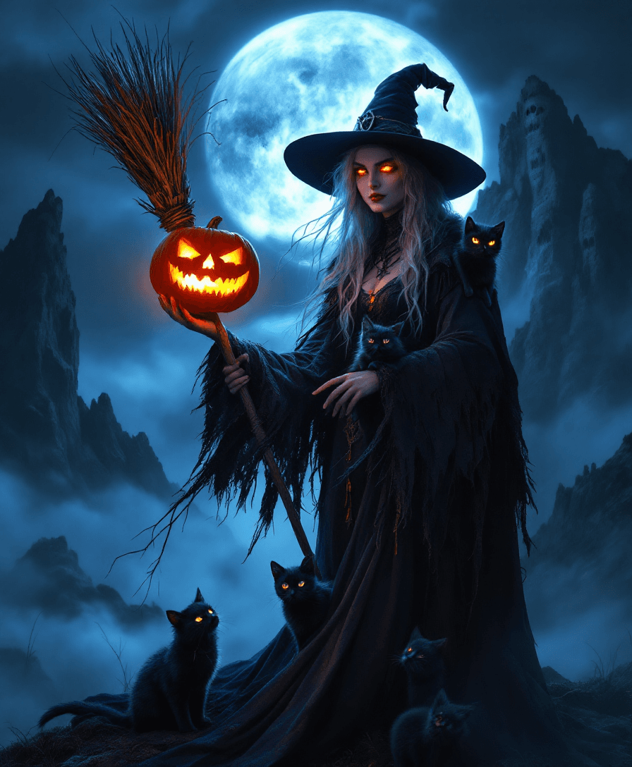 AI generated: an ultra high definition studio quality portrait of a witch with a broomstick.  The broomstick has t...