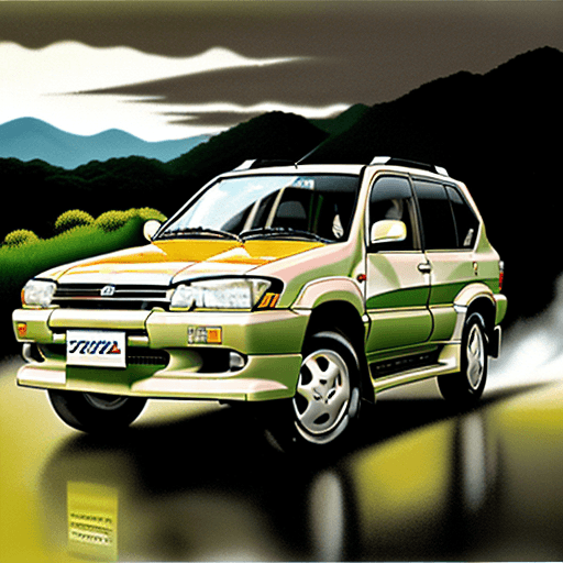 AI generated: carro tt, mitsubushi, pajero glx 2800, 1998, cinza prata, panorama serras, nascer do sol pálido, dia...