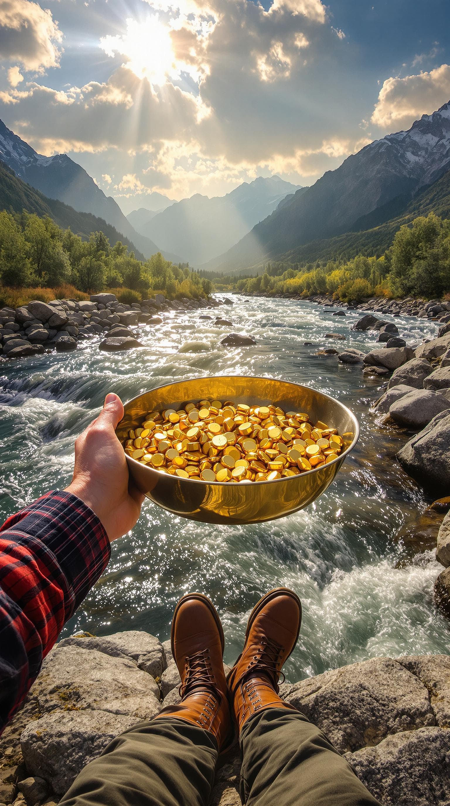 AI generated: first person POV, hands holding gold pan with visible gold nuggets, leather boots crossed on riverba...