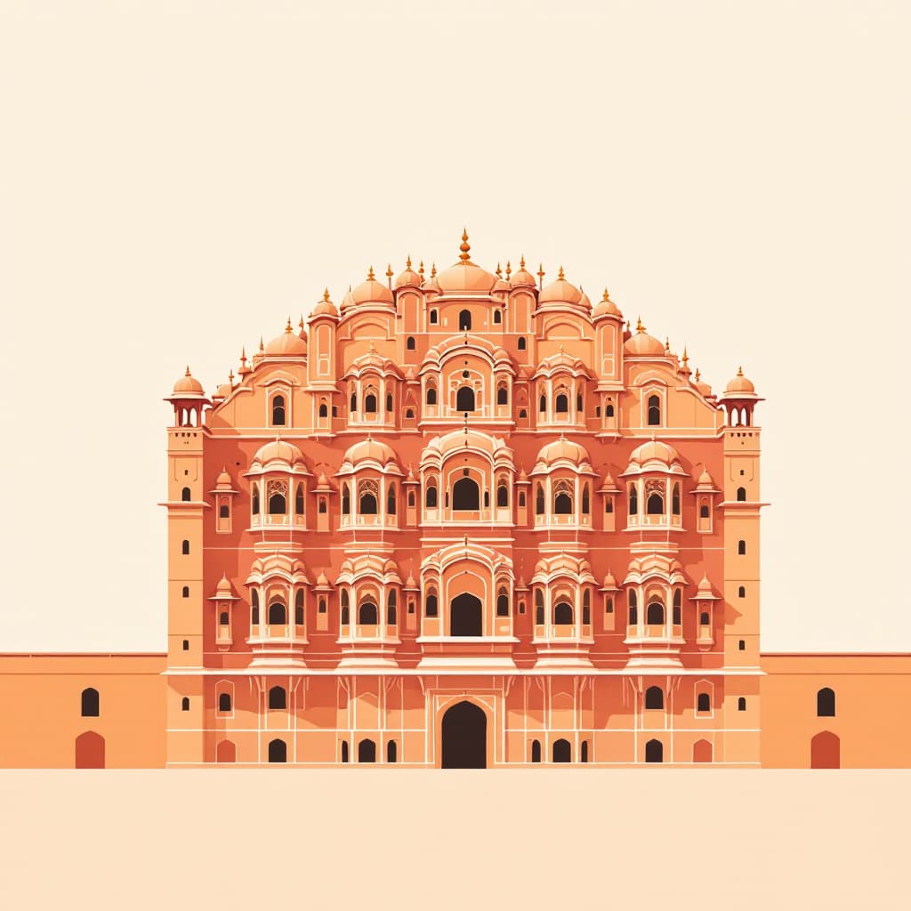 AI generated: A flat, minimalist digital illustration of the Hawa Mahal in Jaipur, India. Use warm terracotta and ...