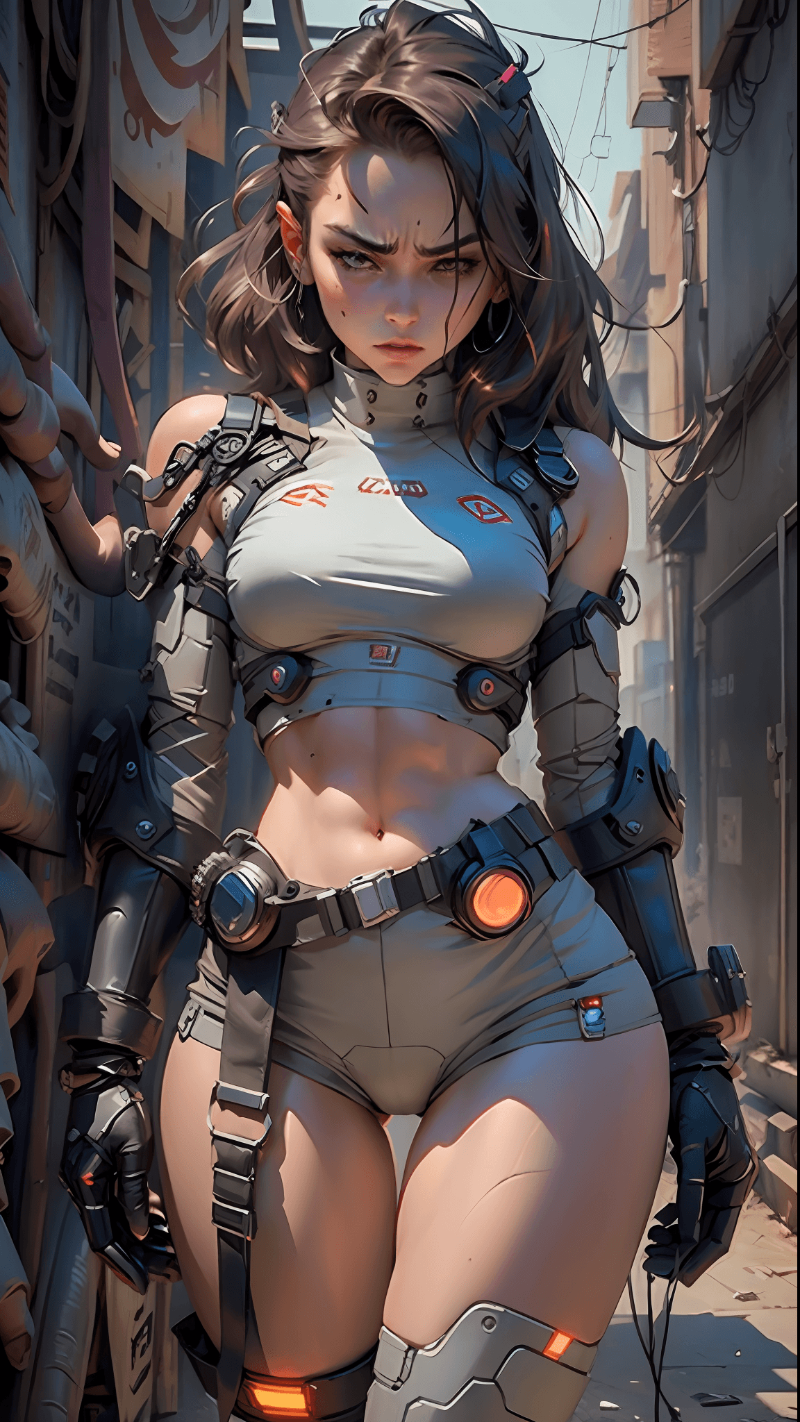 AI generated: Beautiful woman look angry, short underwear, thick thighs defined body cybernetic prosthesis