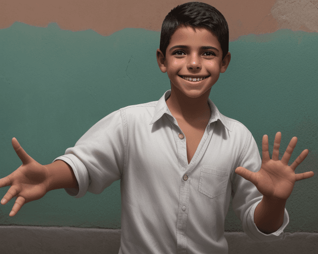 AI generated: realistic image of a latin boy smiling and waving with one five fingered hand in a colombian urban l...