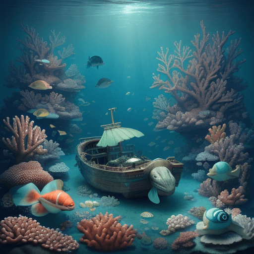 AI generated: a deeper dreamy little boat wreck, one lightly dreamy baby green turtle floating and looking at us, ...