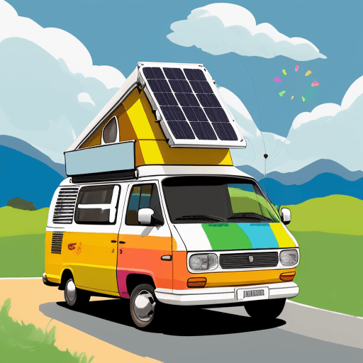 AI generated: Draw a colorful and cheerful camper van, shaped like a box on wheels. The front has two large, round...