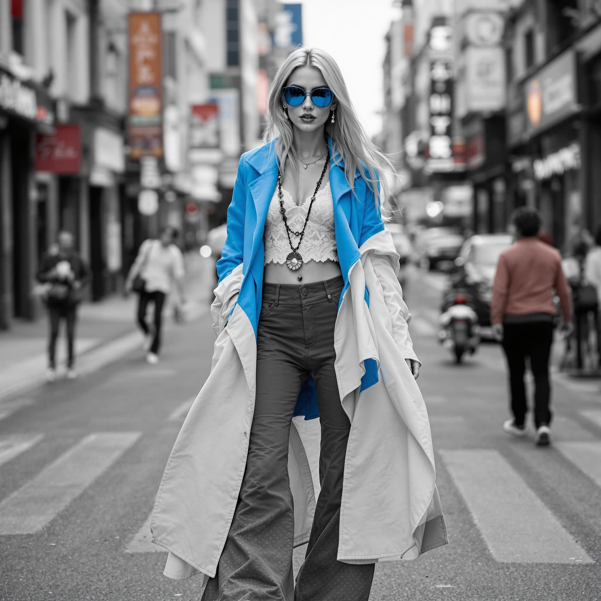 AI generated: Photograph of a fashionable woman, selective coloring, electric blue, stylish urban streetwear, bust...