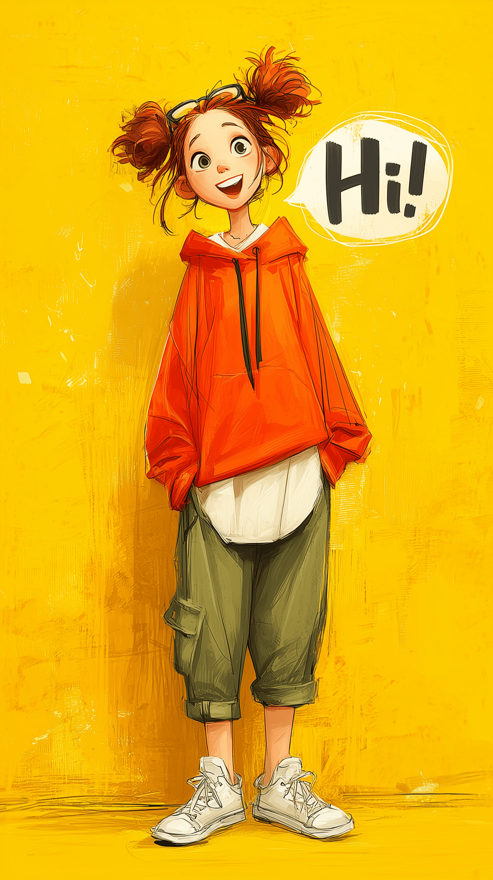 AI generated: humorous illustration, front full-body of cute girl, speech bubble in "Hi", red pigtails hair, orang...