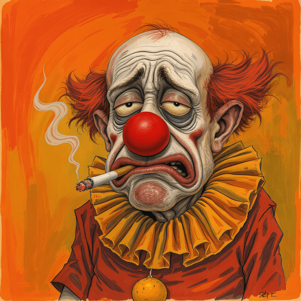 AI generated: funny caricature, disheveled clown character, male, 45 years old, messy, grumpy, tired, exaggerated ...