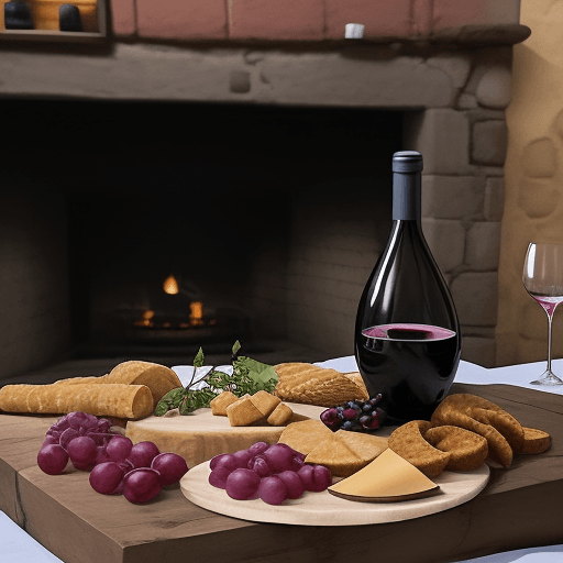 AI generated: foto ultra realista de dos cops de vino tinto servida en un mantel con tabla de quesos y exquisitece...