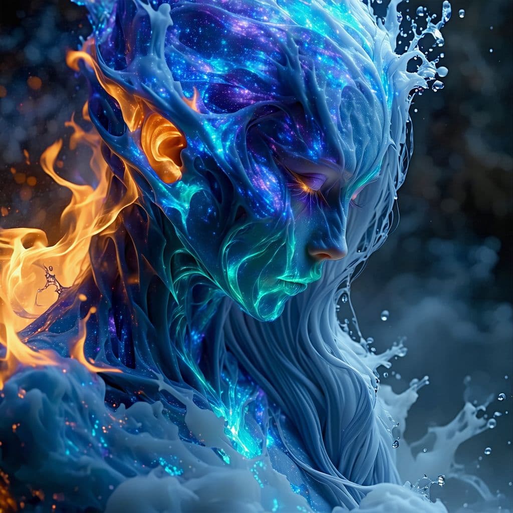 AI generated: A barely clothed witch transforming into a being of pure elemental energy (fire, water, air, earth)....