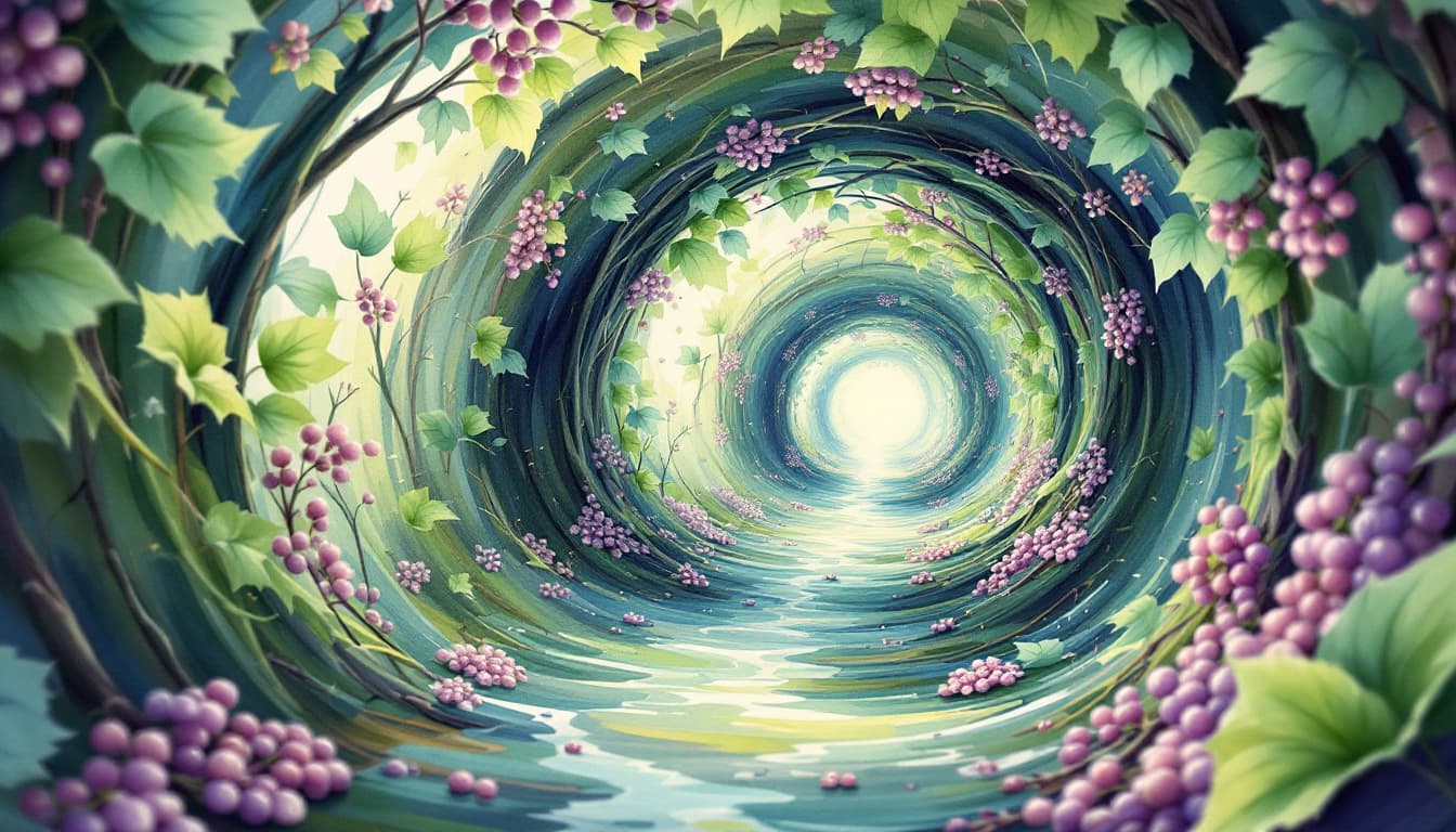 AI generated: water color work, pastel colors, a straight tunnel of greeneries , leaves and twigs, wines, floating...