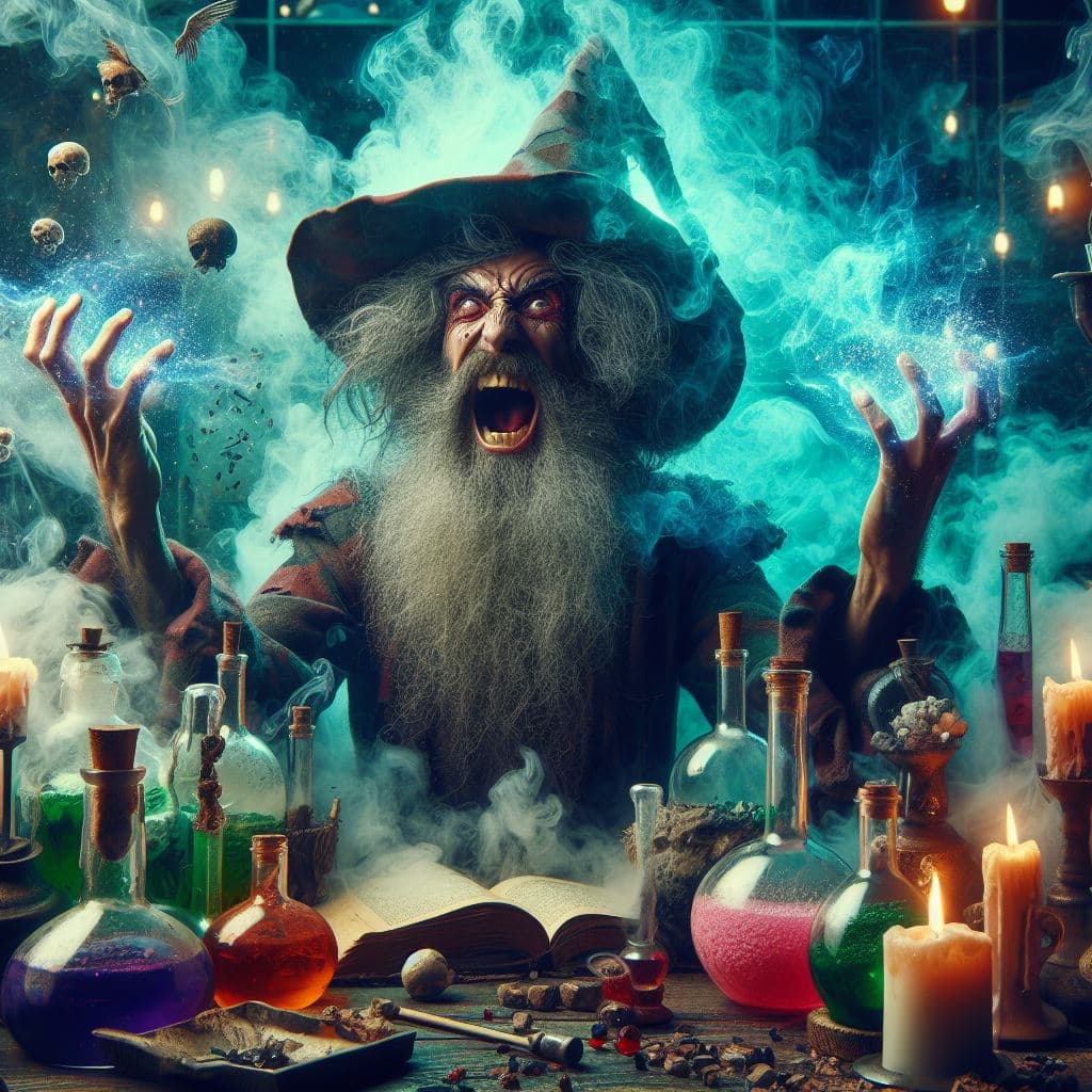 AI generated: wizard with evil laugh, messy laboratory environment, potions, mixing, smoke, electric colors, extre...