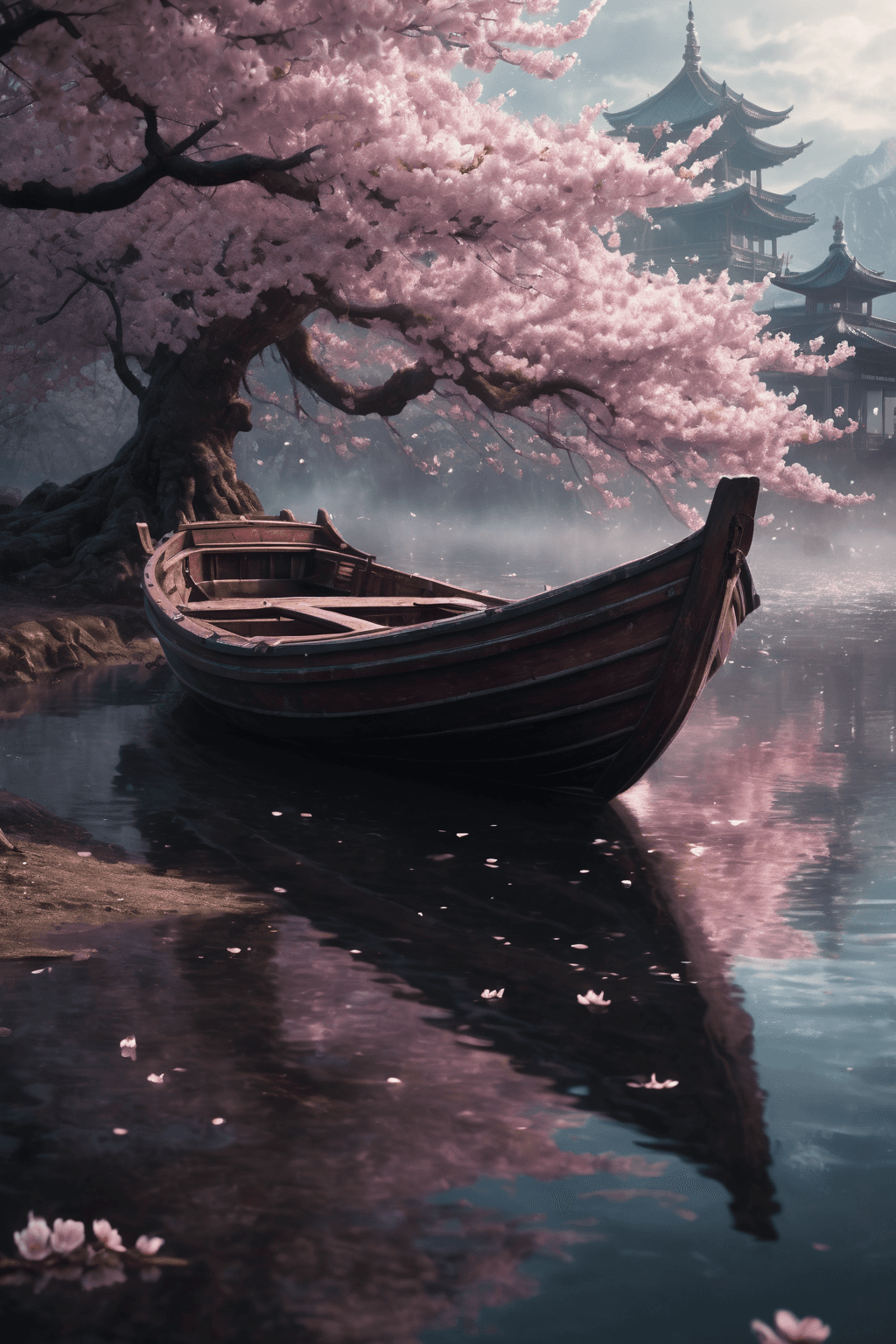 AI generated: a boat in the middle of the cherry blossoms, in the style of lush scenery, fairycore, ultra detailed...