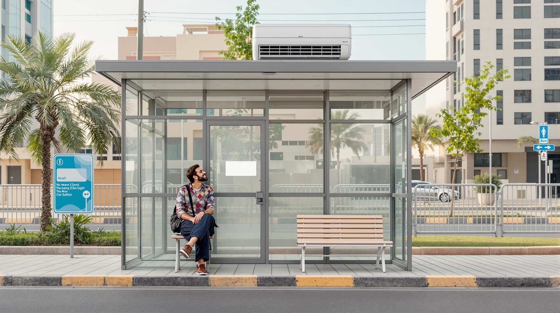 AI generated: In Riyadh city, A passenger waits for the bus at the room-type bus stop. the room is 2.5m hight. an ...