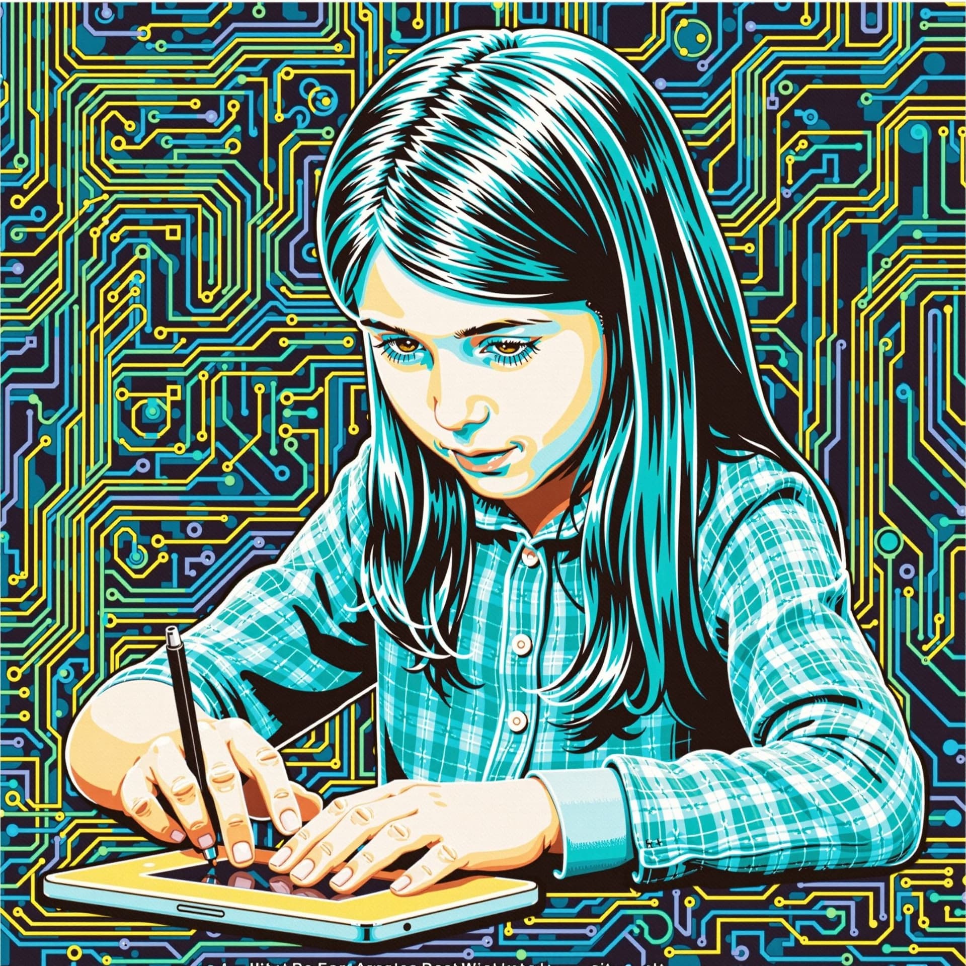 AI generated: "A mixed media collage of a young girl coding, incorporating circuit patterns and vibrant hues"