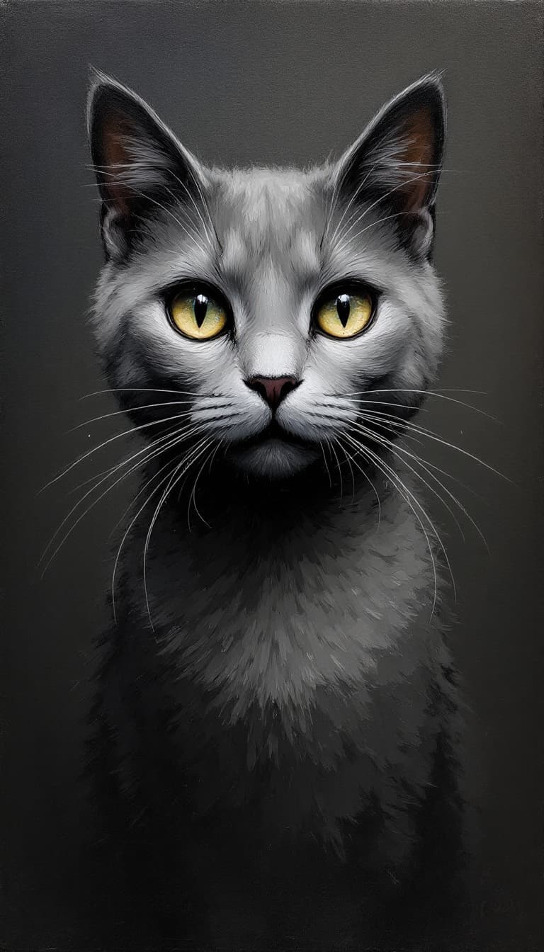 AI generated: artistic, oil painting, grey cat, portrait of grey cat, empty eyes, grainy touch, minimalist avant-g...