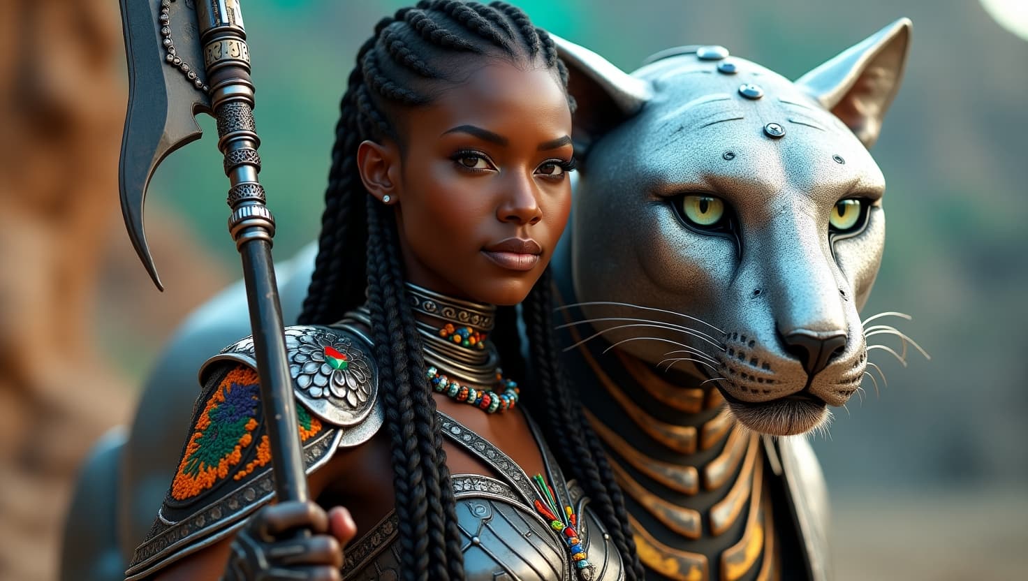 AI generated: Black woman warrior with dark brown skin and braided hair adorned with vibrant Ndebele-inspired patt...