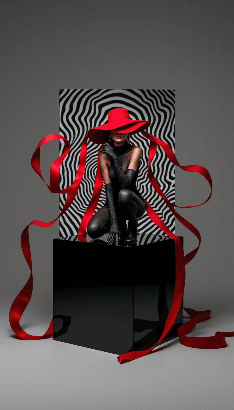 AI generated: This fashion photograph captures a mesmerizing composition of a woman elegantly squatting atop a glo...