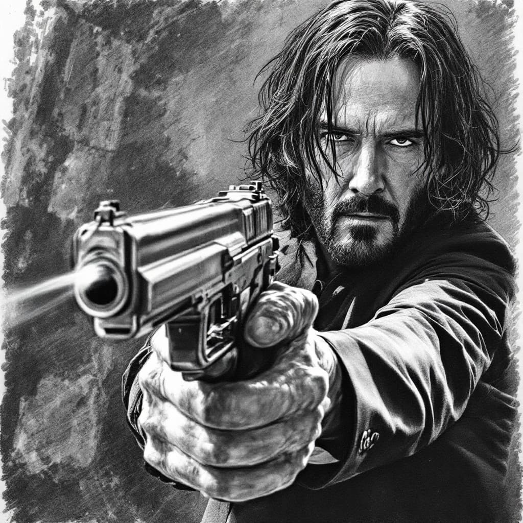 AI generated: Keanu Reeves as John Wick in the style of a pencil sketch drawing, action pose with toy water tgun d...