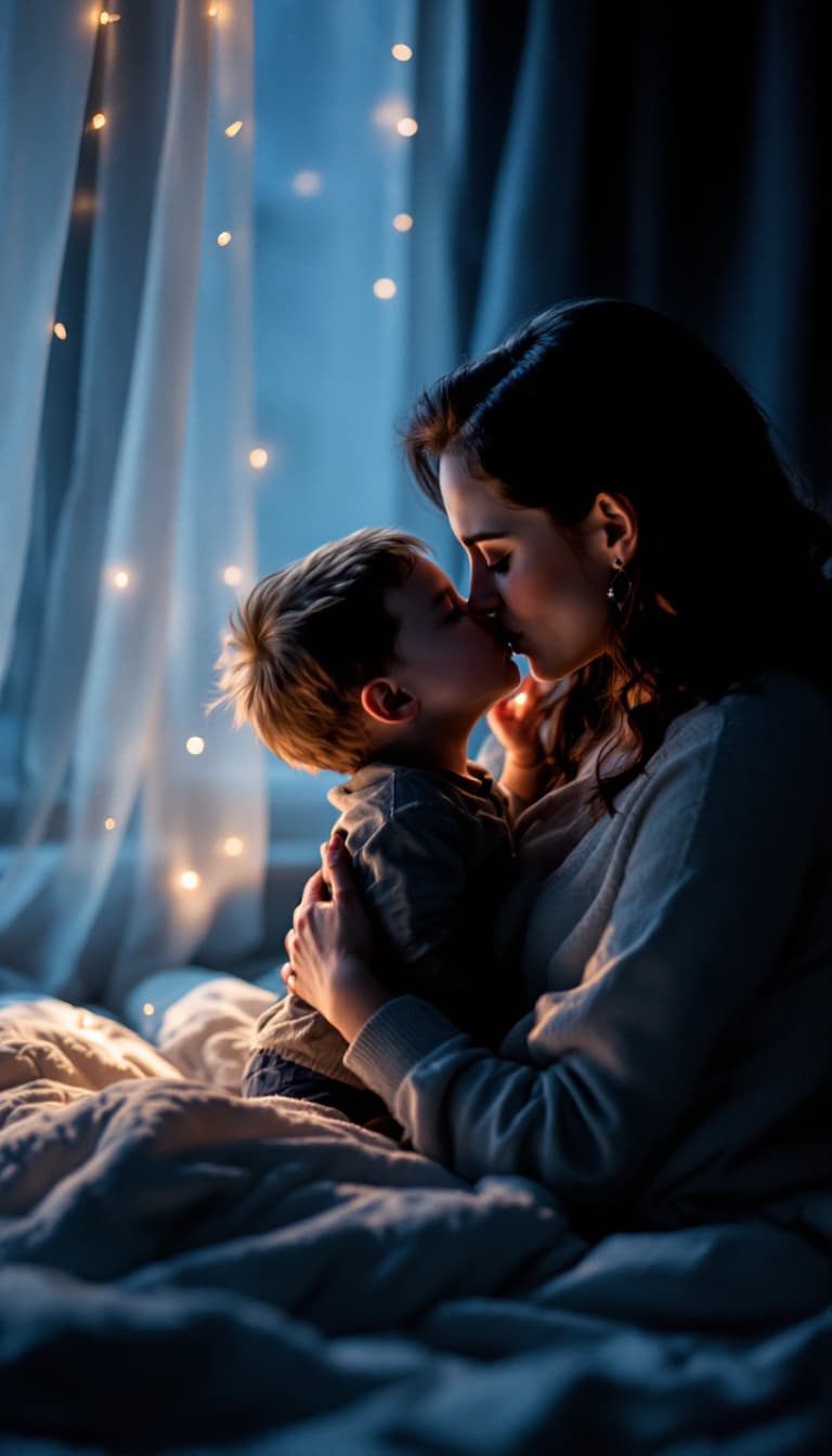 AI generated: Kid boy is kissing Hayley Atwell, together , kid boy and a woman , lullaby , romance, night, low lig...