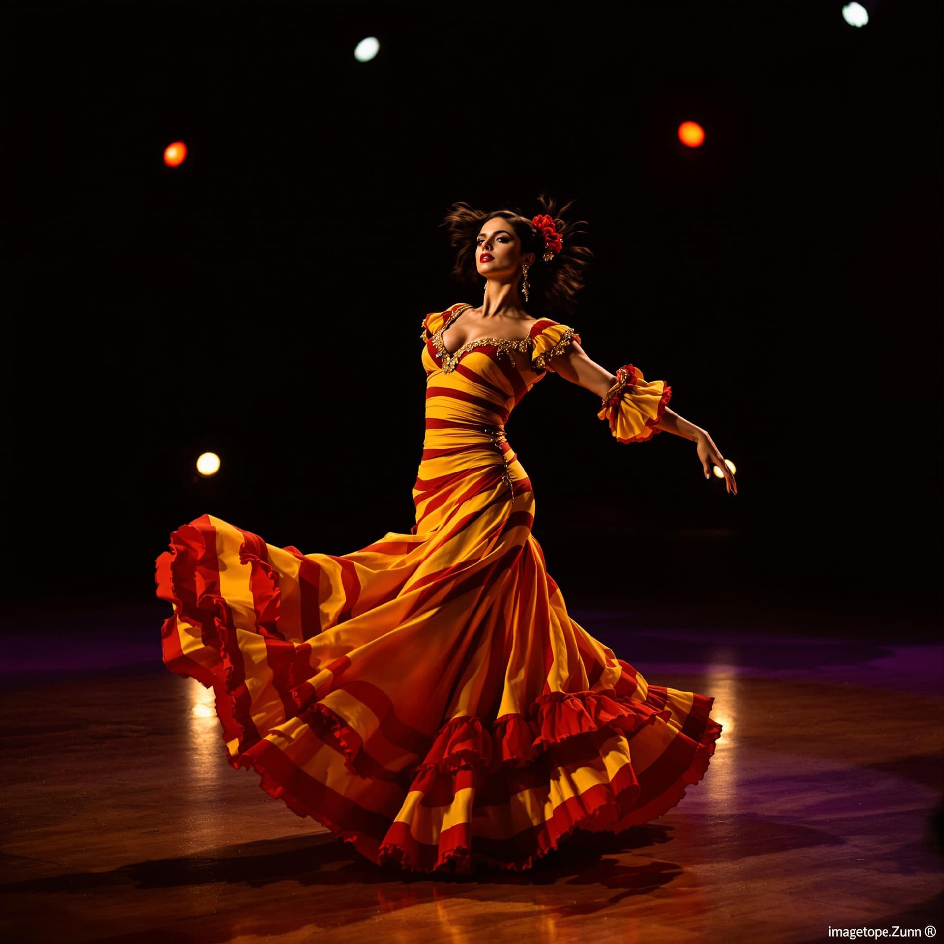 AI generated: photo of Penélope Cruz, in a Spanish flamenco dance floor, passionate Indian beauty, flamenco dancer...